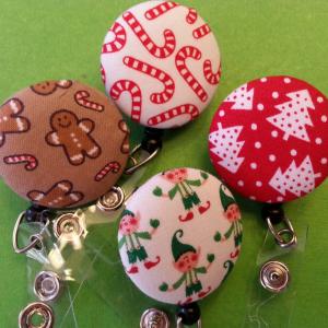 Holiday decorative badge reels with Candy canes, elves, trees, or gingerbread men. For your ID or work badge!
