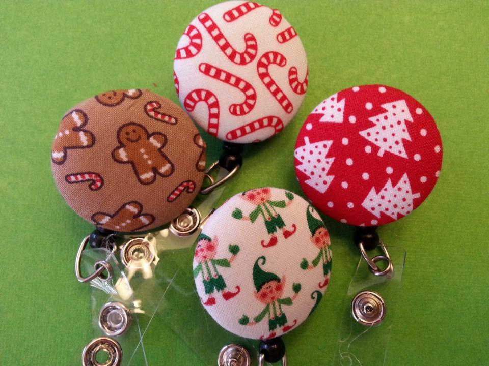 Holiday decorative badge reels with Candy canes, elves, trees, or gingerbread men. For your ID or work badge!