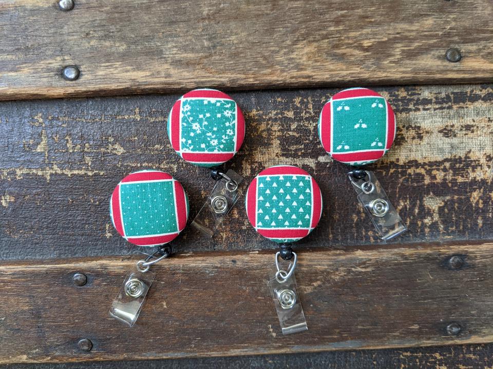 Green and Red Christmas Fabric Badge reels for work or school.