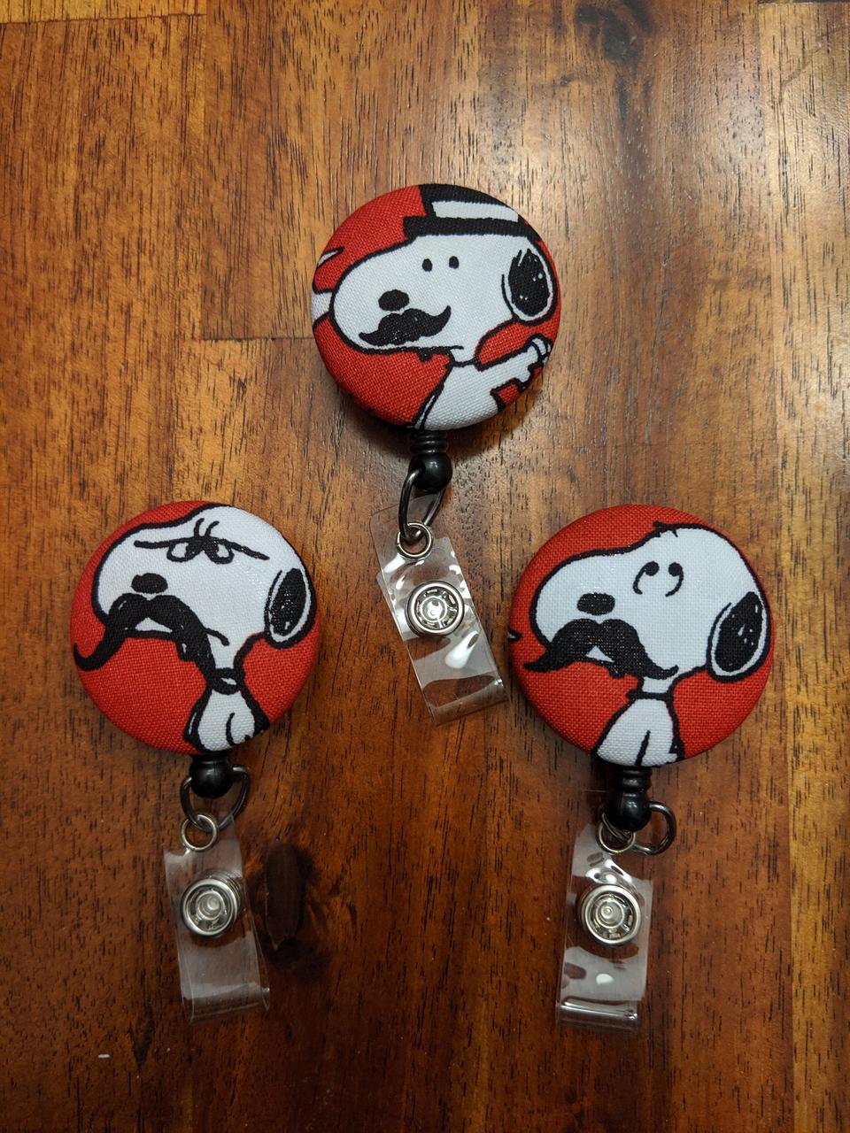 Mustached Snoopy Badge reels for work or school IDs