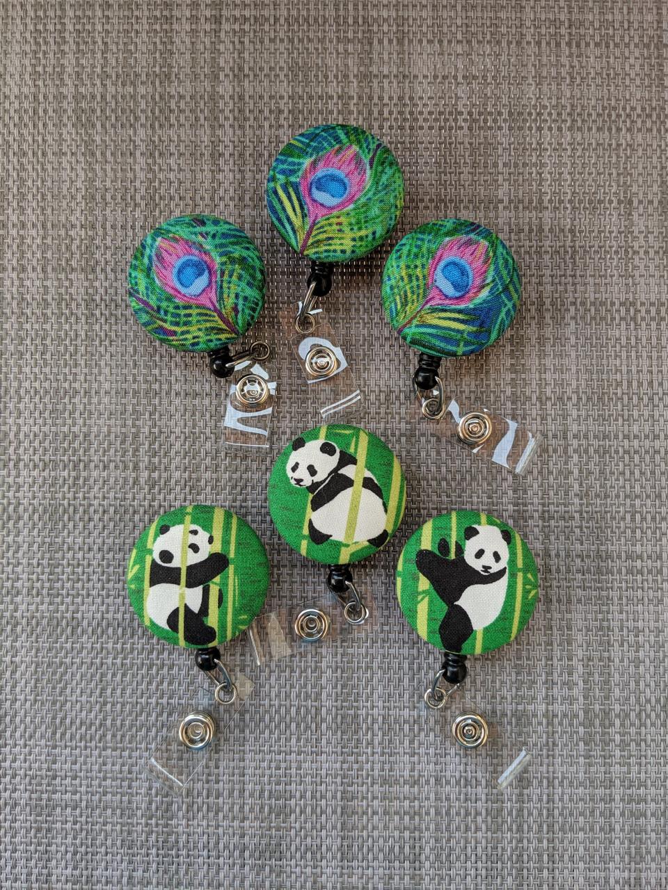 Peacock feather and Panda Badge Reels for Work or School IDs