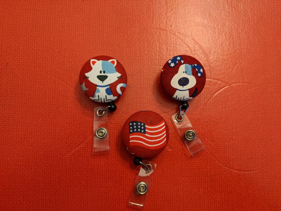 Patriotic Cat and Dog badge reels for work or school IDs