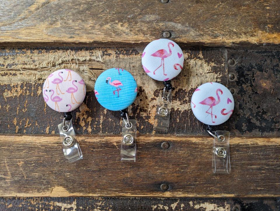 Flamingo and Tropical tree badge reel for school or work IDs