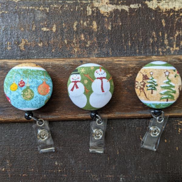 Christmas themed badge reels for work or school.