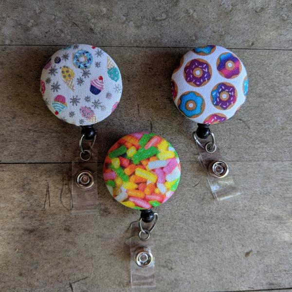 Food badge reels for work or school IDs