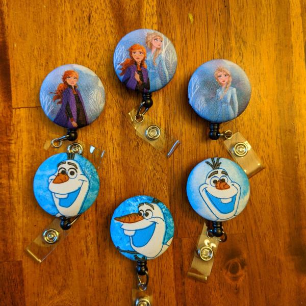 Frozen badge reels for work or school IDs