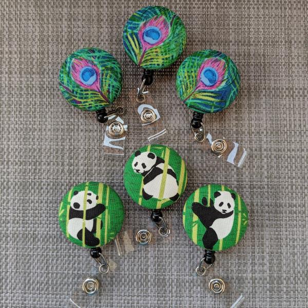 Peacock feather and Panda Badge Reels for Work or School IDs